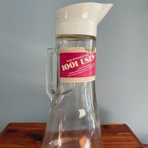Vintage Pitcher Clear Glass White Lid Promotional 1001 Uses 10" Tall
